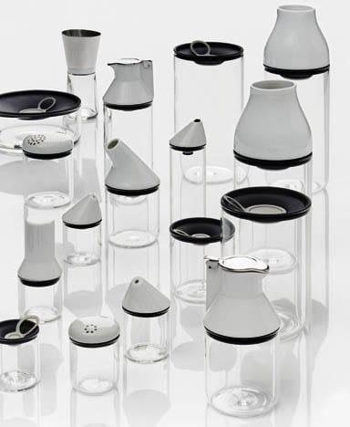 Shuttle containers, 2005, for Rosenthal, which combine glass bases with interchangeable porcelain tops for various functions Shuttle containers, 2005, for Rosenthal, which combine glass bases with interchangeable porcelain tops for various functions