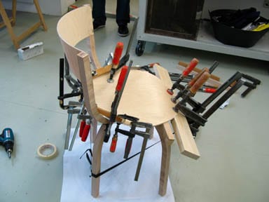 404 (in process) and 404F chairs, 2007, for Thonet, made of thin layers of wood that are bent, glued and clamped into shape 404 (in process) and 404F chairs, 2007, for Thonet, made of thin layers of wood that are bent, glued and clamped into shape