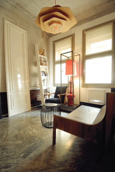 Autoban’s studio; Magnolia light, 2005; King, 2006, a floor lamp taking its shape from a chess piece; Bergère Sofa, 2005, inspired by Özdemir’s grandmother’s armchair; Pumpkin, 2004, a brass coffee table or stool; Ladder Bookcase, 2006