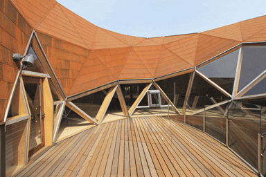 An internal courtyard has a viewing platform of the surrounding landscape An internal courtyard has a viewing platform of the surrounding landscape