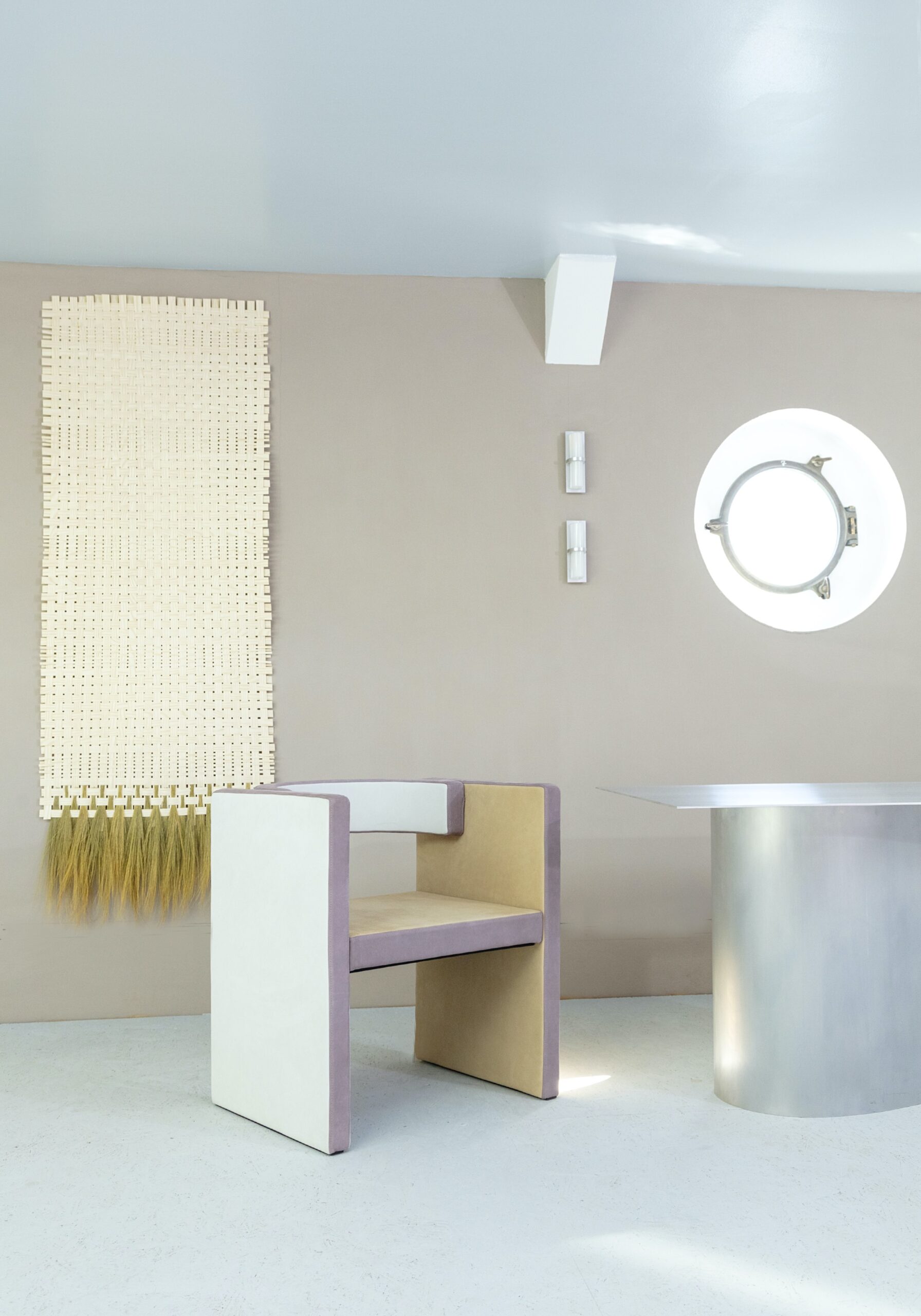 NoDe Novel Chair Ida Linea Hildebrand of Friends Founders; Sara Martinsen Plant Curtain; Astep Ublo Wall Light; Table Ari Prasetya