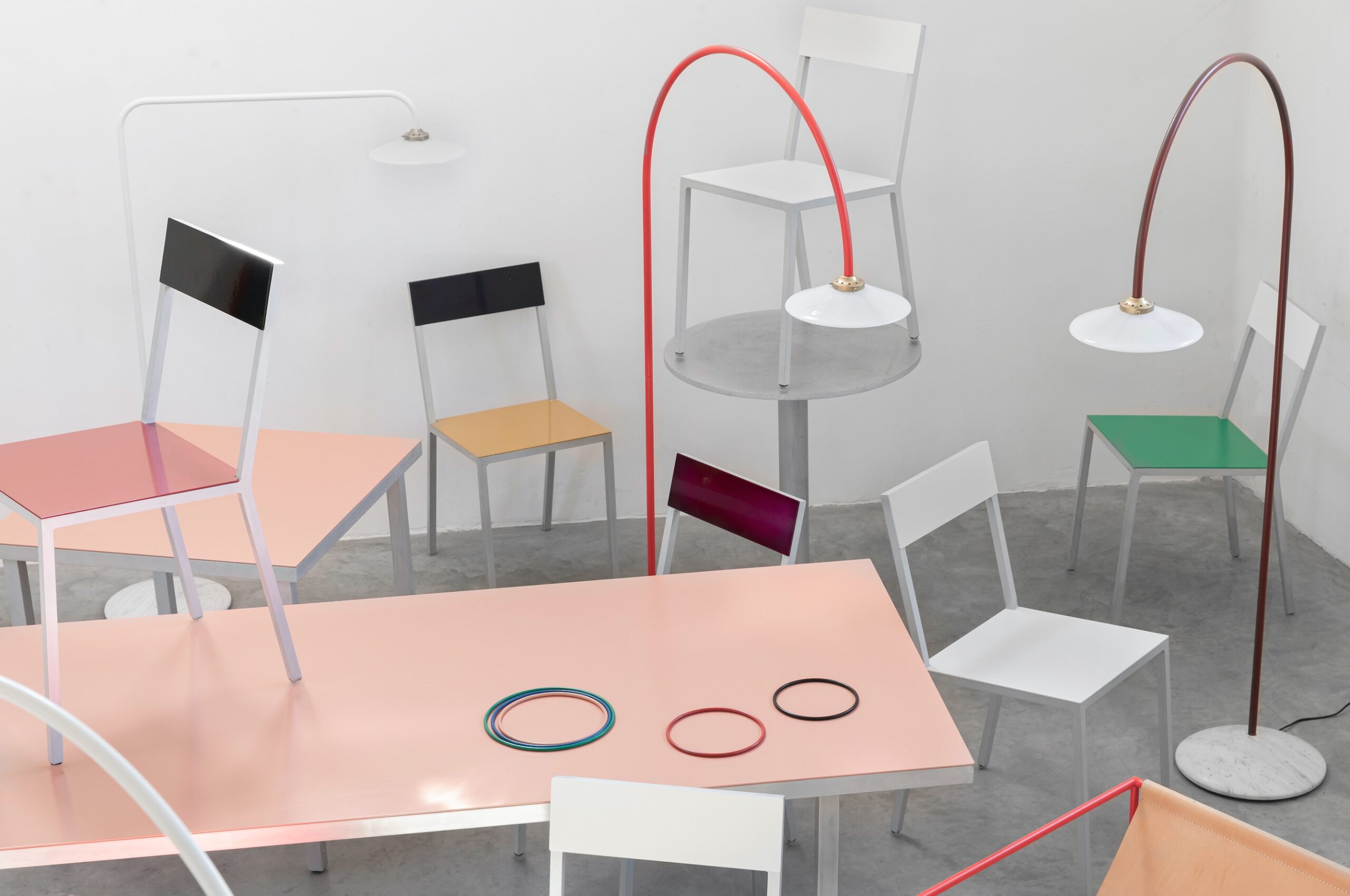 Muller Van Severen chair tables lamps pink green