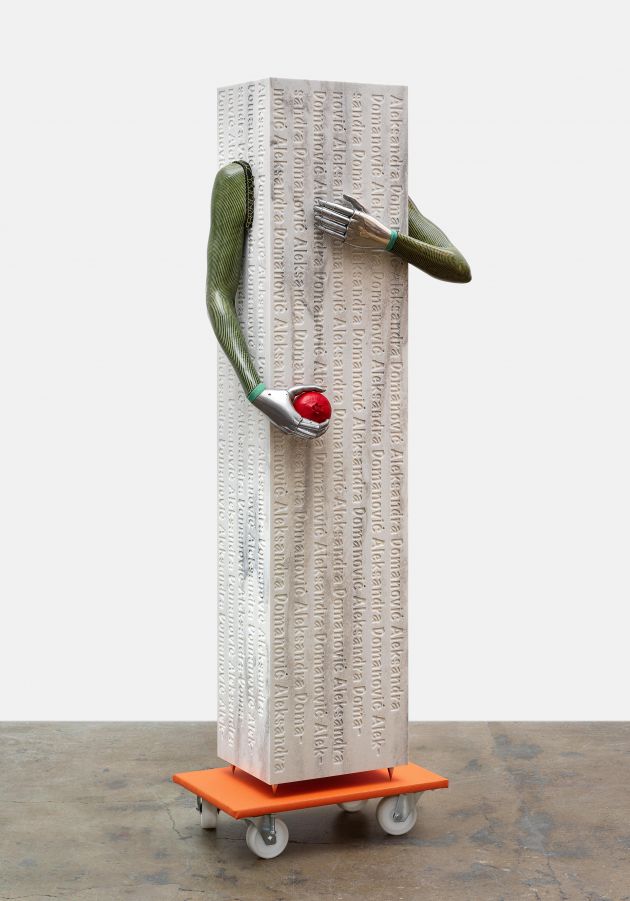 Aleksandra Domanović, Kalbträgerin, 2017. Cast Jesmonite, Kerrock, foam and Plexiglas, rolling transport dolly. 224 x 69 x 43 cm